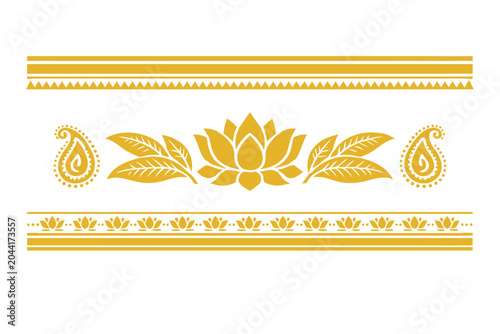 Golden lotus floral border vector illustration isolated on transparent background, ornate Indian style frame with leaves, paisley motifs and decorative lines for wedding, festival and luxury design
