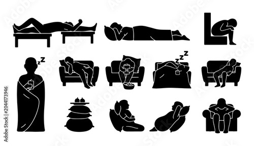 Canvastavla Sleep Positions Vector Icons, Restful Poses Silhouette Set, Human Body Relaxatio