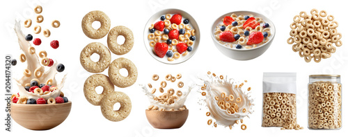 Set of oats breakfast cereal 100% whole grain loops rings, with berries fruits, airtight container, yogurt milk splash, standup plastic pouch bag, fly pile cluster, transparent cutout PNG mockup
