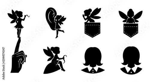 Fényképezés Fairy Silhouette Icons, Magical Creature Vector Graphics, Enchanted Being Symbol