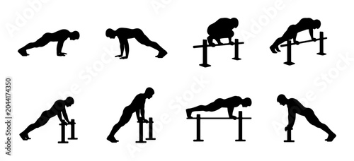 Schilderij op canvas Calisthenics Workout Silhouettes, Parallel Bar Exercises, Fitness Routine Icons,