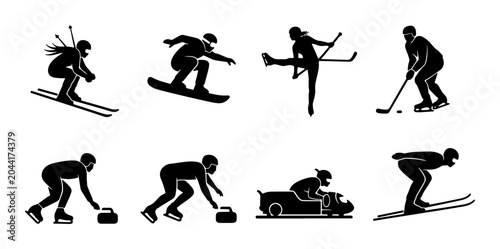 Photography Winter Sports Icons Set: Skiing, Snowboarding, Curling, Ice Hockey, Bobsledding,