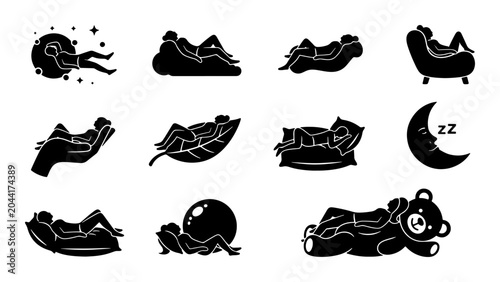Quadro em tela Relaxation Icons Set, Sleep and Rest Vector Graphics, Peaceful Moon and Bear Sil
