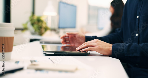 Fotografie Hands, person and closing laptop in office for productivity, finish work and deadline of investment