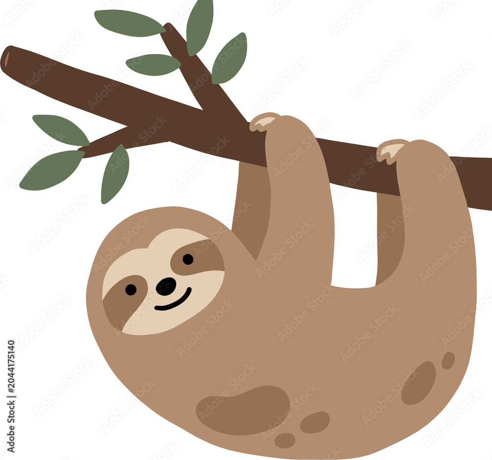 Obraz premium Cute sloth hanging on a tree branch illustration isolated on white background