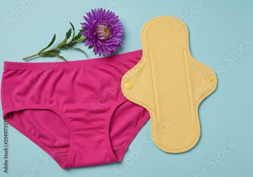 Feminine hygiene products including pink underwear and a sanitary pad with a flower
