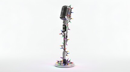 Vintage retro microphone wrapped in colorful festive fairy lights isolated on a clean white background