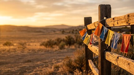 Colorful prayer flags on a rustic wooden fence at golden sunset