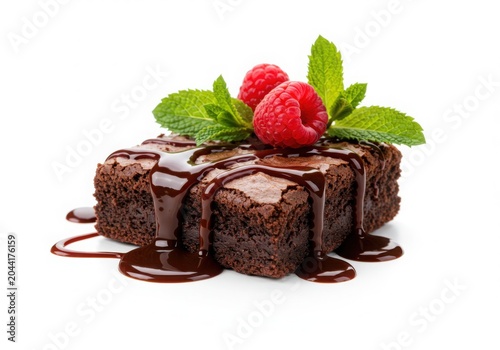Decadent chocolate brownie with raspberries and mint drizzled with chocolate sauce