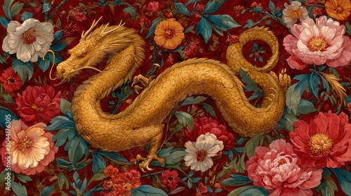 Intricate Golden Dragon Design Surrounded by Colorful Blooms on Rich Red Background for Artistic and Decorative Projects