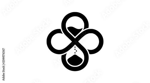 Abstract graphic icon fusing an hourglass with an infinity loop. Symbolizes continuous time, eternal flow, and precious fleeting moments, representing measured existence