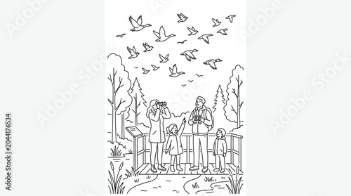 Family birdwatching together with binoculars looking at a flock of flying birds coloring page.