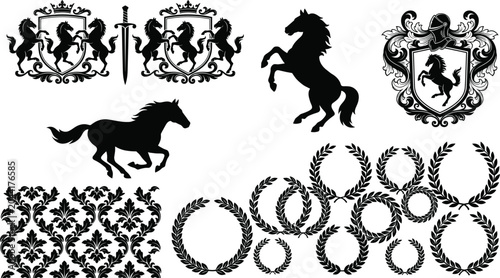 Billede på lærred Heraldic Horse Silhouettes and Ornamental Crests Featuring Shields, Laurel Wreat