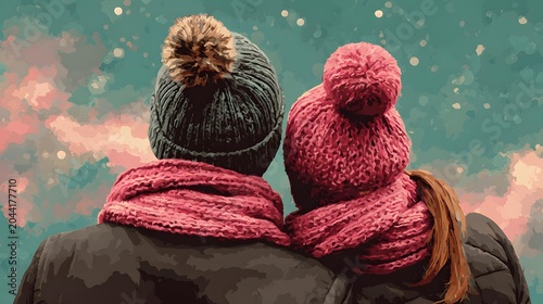 scene with couple wearing pink scarves under soft pastel sky