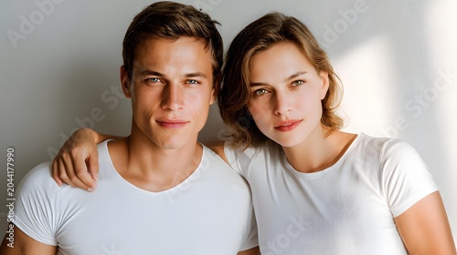 dressed in coordinated pink outfits posing in minimalist studio with soft shadows