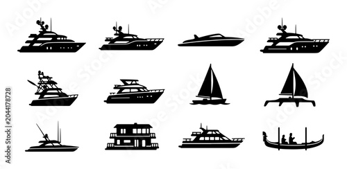 Fotografie Luxury Yacht and Boat Icons Set, Nautical Vessel Silhouettes Collection, Watercr