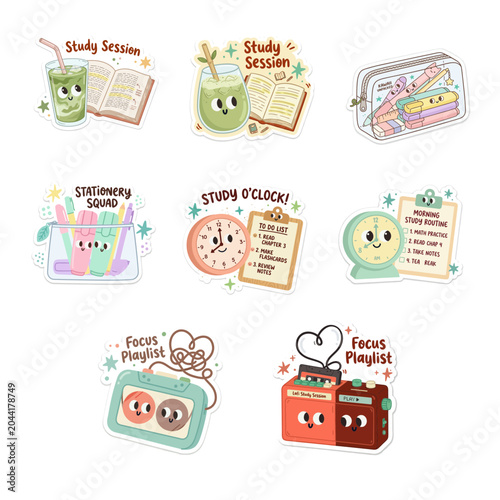 Cute Study Session Planning with Stationery and Productivity Icons in Cartoon Style