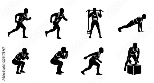 Fitness Workout Silhouettes: 8 Dynamic Exercise Icons for Health and Training Graphics, Vector Set