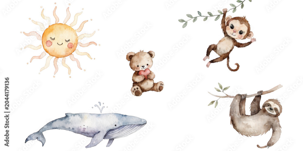 Obraz premium Whimsical Watercolor Clipart Collection: Smiling Sun, Cute Animals, and Ocean Life
