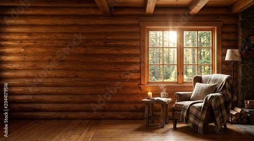 Cozy log cabin living room interior with armchair and forest view