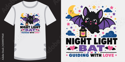 Foto Cute night light bat cartoon character guiding with love t-shirt vector illustration art