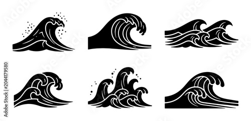 Bild auf Leinwand Set of 6 Black Silhouette Ocean Waves, Dynamic Sea Swells, Water Motion Graphics