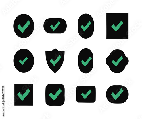 Set of Green Check Mark Icons in Black Shapes