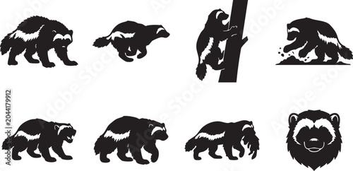 Foto A set of eight black and white vector badger silhouettes in various poses and movements showcasing their distinctive markings and features in a graphic design