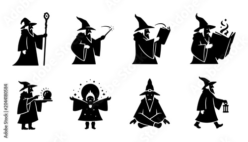 Fotografie Wizard Icon Set, Magical Sorcerer Silhouettes, Fantasy Character Collection, Mys