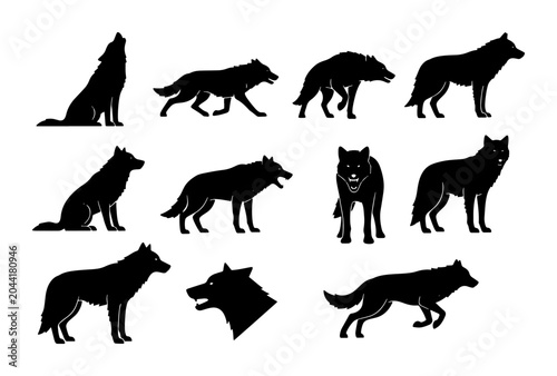 Billede på lærred Wolf Silhouette Collection, Wild Animal Vector Icons, Canine Predator Graphics,