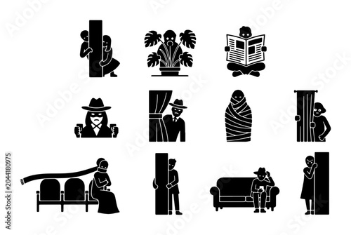 Foto Spy and Secret Agent Icons, Detective and Investigator Silhouettes, Hidden Perso