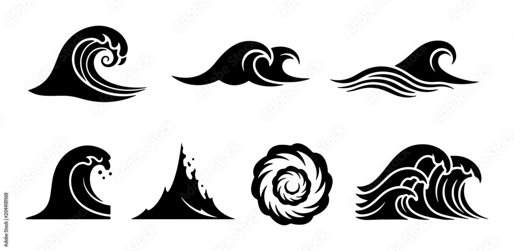 Fototapeta premium Dynamic Wave Icons Set, Ocean Swells and Water Splashes, Stylized Aquatic Elements, Marine Vector Graphics for Design