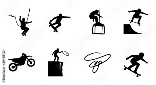 Quadro su tela Extreme Sports Silhouette Icons: Skateboarder, Bungee Jumper, Motocross Rider, R