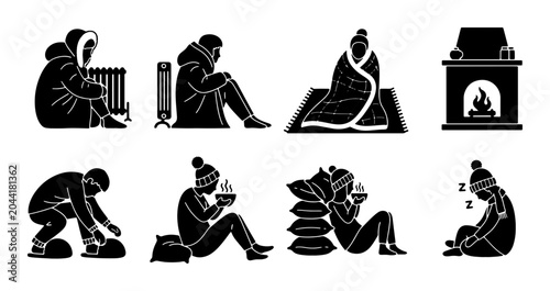 Bild auf Leinwand Winter Cold Comfort Icons, Cozy Warmth Scenes, Seasonal Chill Survival Graphics,