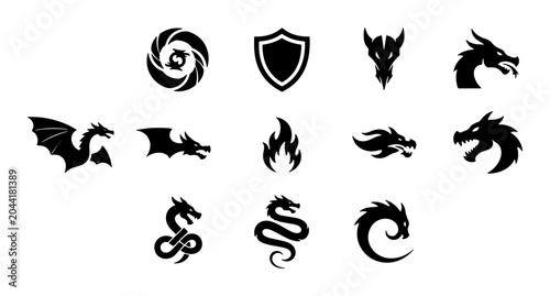 Billede på lærred Mythical Dragon Icons Set, Fantasy Creature Vector Graphics, Fierce Beast Symbol