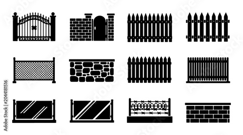 Foto Diverse Fence and Gate Collection, Vector Icons for Property Boundaries, Securit