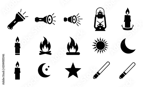 Bild auf Leinwand Illumination Icons: Flashlight, Lantern, Candle, Fire, Sun, Moon, Star, Light Sa