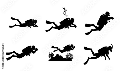 Konstfotografi Scuba Diver Silhouettes, Underwater Exploration Vector Icons, Aquatic Adventure