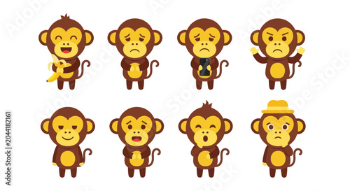 Canvas Print Cute Monkey Characters Expressing Various Emotions and Actions