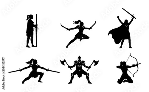 Cuadro en lienzo Warrior Silhouettes Collection: Female Fighters, Swords, Axes, Bows, and Armor,