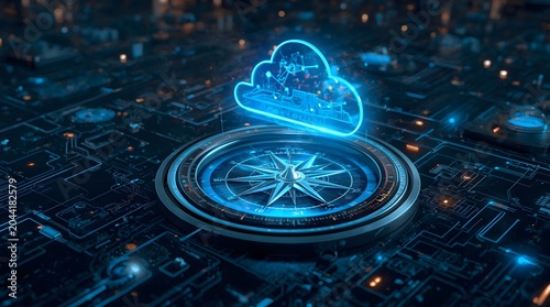 Illuminated Cloud Compass Navigating Digital Technology and Data Storage.