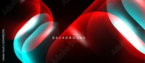 Abstract neon lights, flowing shapes. Red, cyan, white colors blend against d...