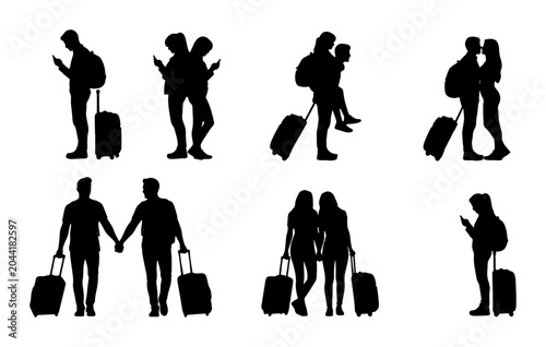 Bild auf Leinwand Travel Silhouettes: Couples and Individuals with Luggage, Exploring Destinations