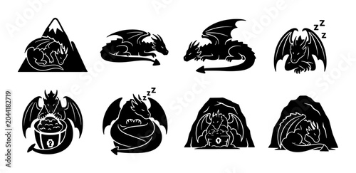 Vászonkép Mythical Dragon Icons Set, Fantasy Creature Silhouettes for Gaming and Storytell