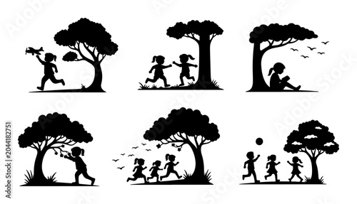 Tableau sur toile Children Playing Silhouette Vector Set, Outdoor Activities, Childhood Fun, Natur