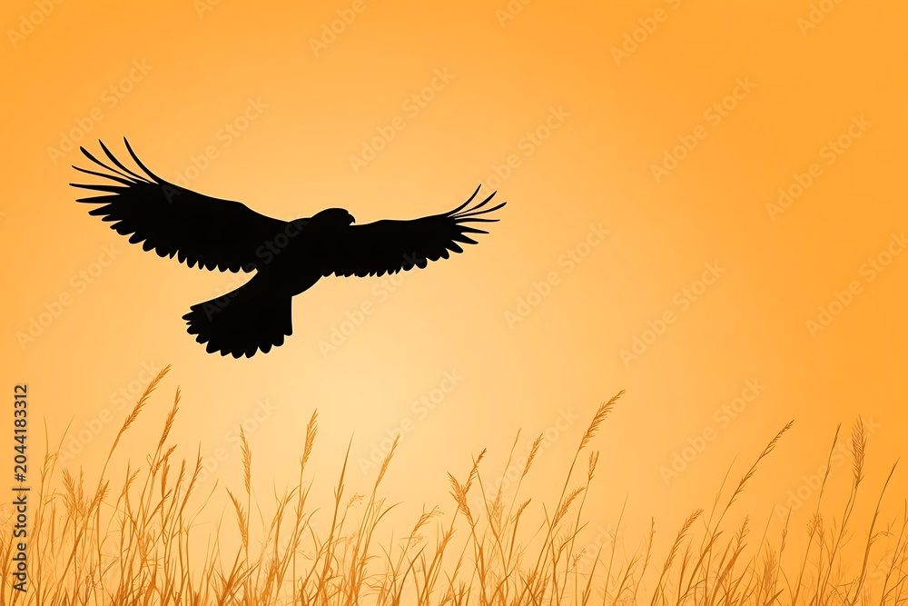 Obraz premium Silhouette of a bird flying over golden fields at sunset