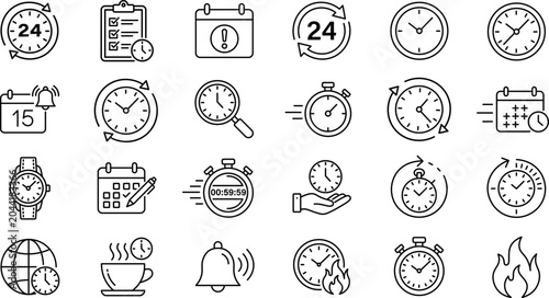 Bild auf Leinwand Set of time and clock icons, thin line style, vector illustration