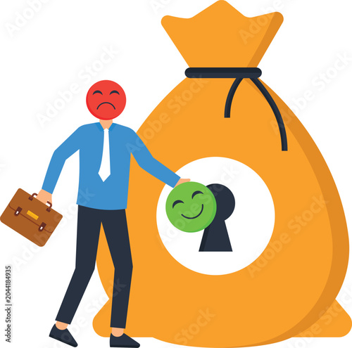 Photos Businessman unlocking financial success using happy face key, sad expression, mo