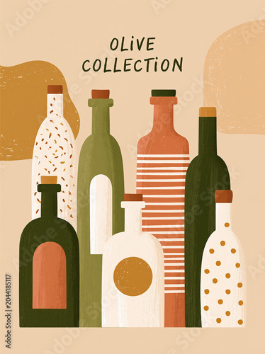 olive oil bottles in a modern Mediterranean abstract composition