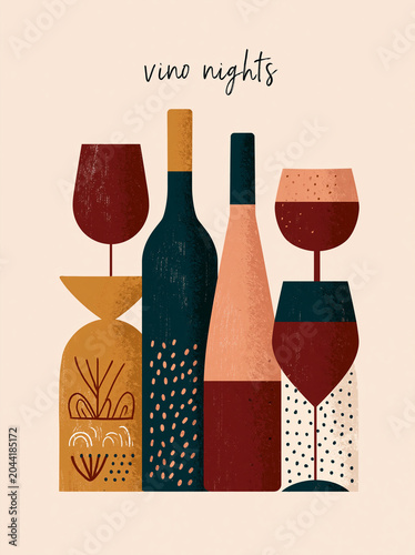 colorful wine glasses and bottles in an abstract dinner party composition, textured painterly brush strokes